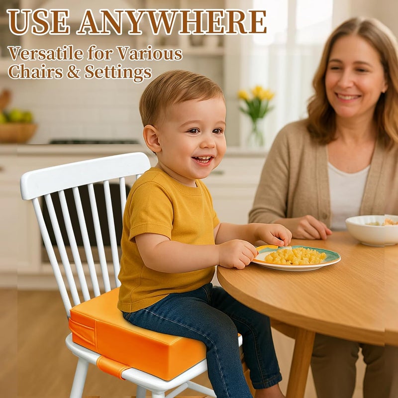 AAAini Toddler Booster Seat for Dining Table – PU Washable Cushion with Double Safe Straps, Non-Slip Bottom, Portable Travel Booster Seat for Toddlers (Orange) - Image 2